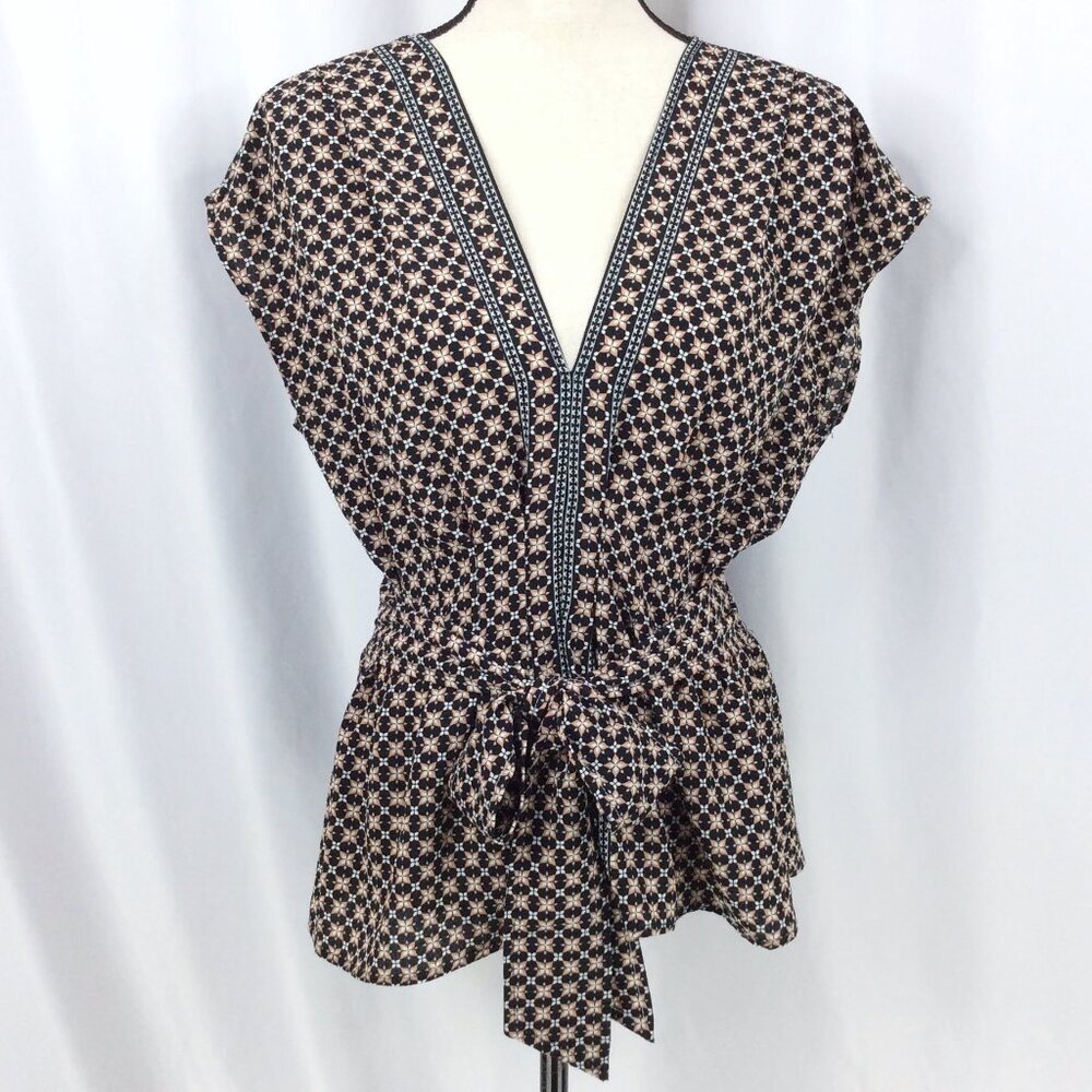 Max Studio Womens Blouse‎ Size Medium V-Neck Peplum Tie Waist Cap Sleeve